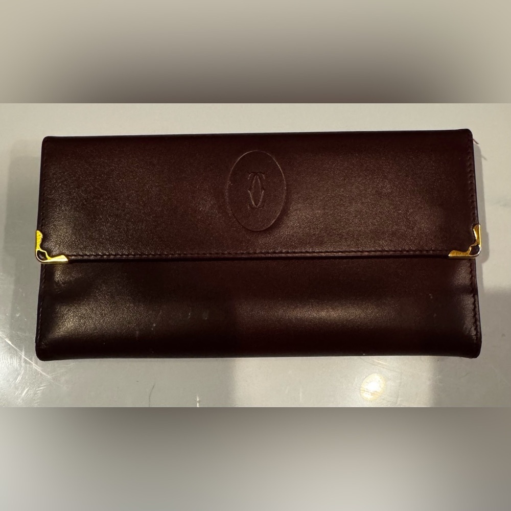 Cartier Vintage Burgundy Leather Trifold Double Snap Long Wallet